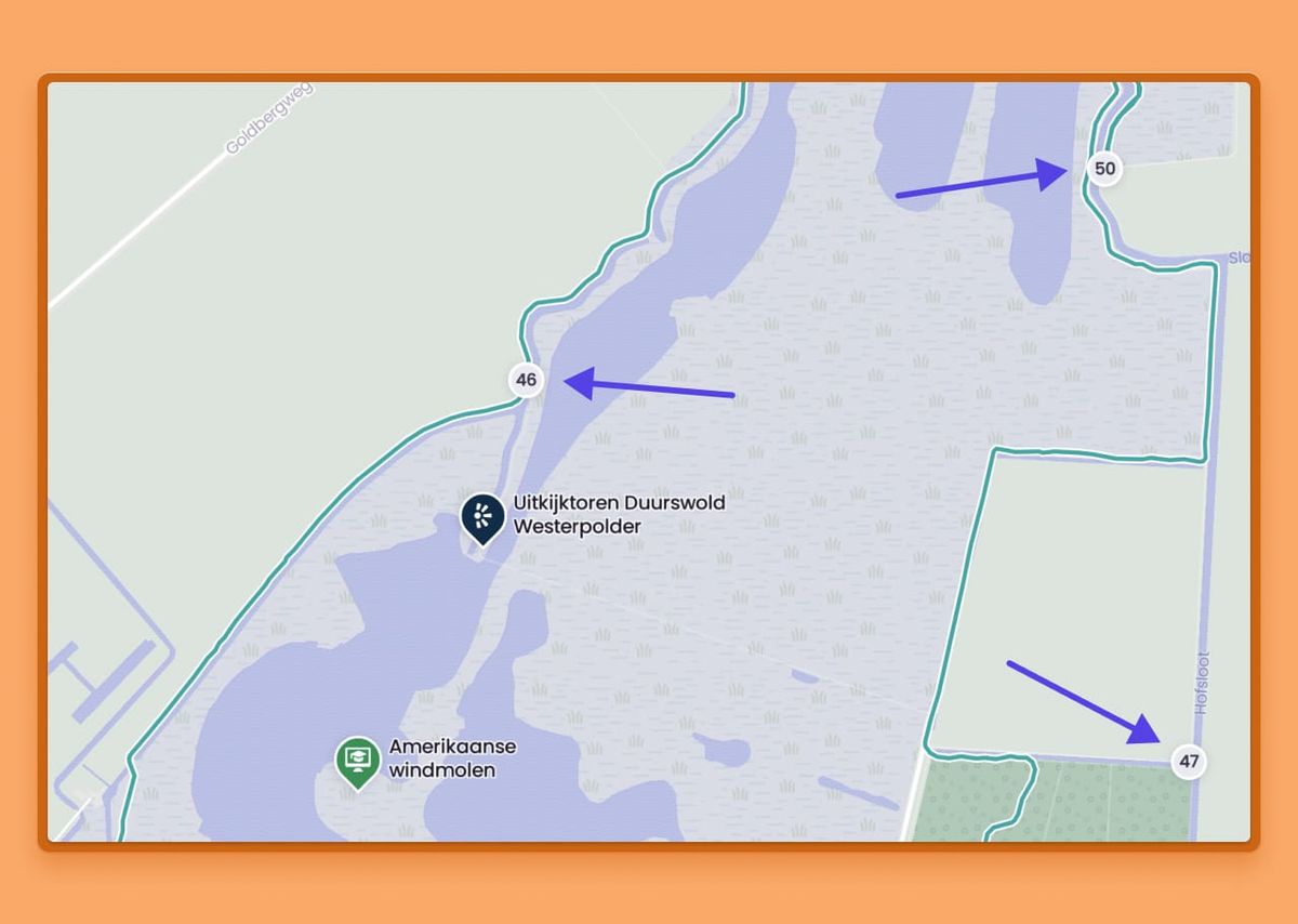 Wandelknooppunten op de kaart van ‘t Roege Pad.