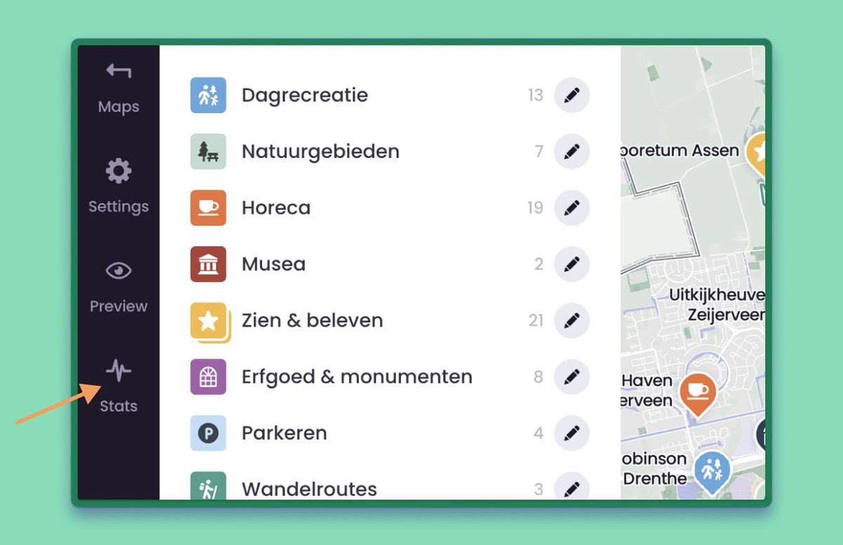 In de zwarte menubalk van de kaartstudio verschijnt straks Stats. Voor al uw analytische behoeftes.