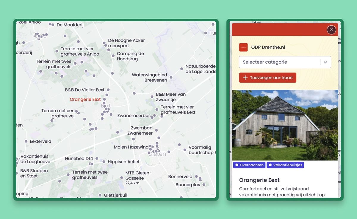 Links: alle locaties van de database op de kaart. Rechts: locatie toevoegen aan je kaart.